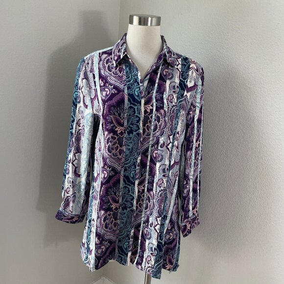 Chicos 1 Womens Medium Button Up Tunic Top Floral Button Up Shirt Blouse - Picture 1 of 13